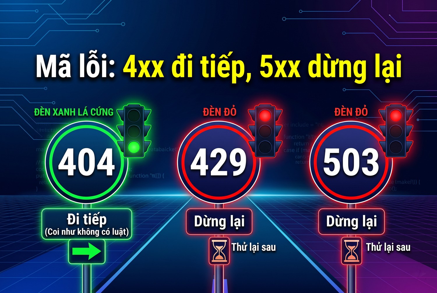 Mã lỗi: 4xx đi tiếp, 5xx dừng lại