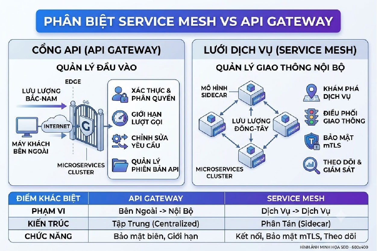 Kh&aacute;c nhau giữa service mesh v&agrave; API gateway
