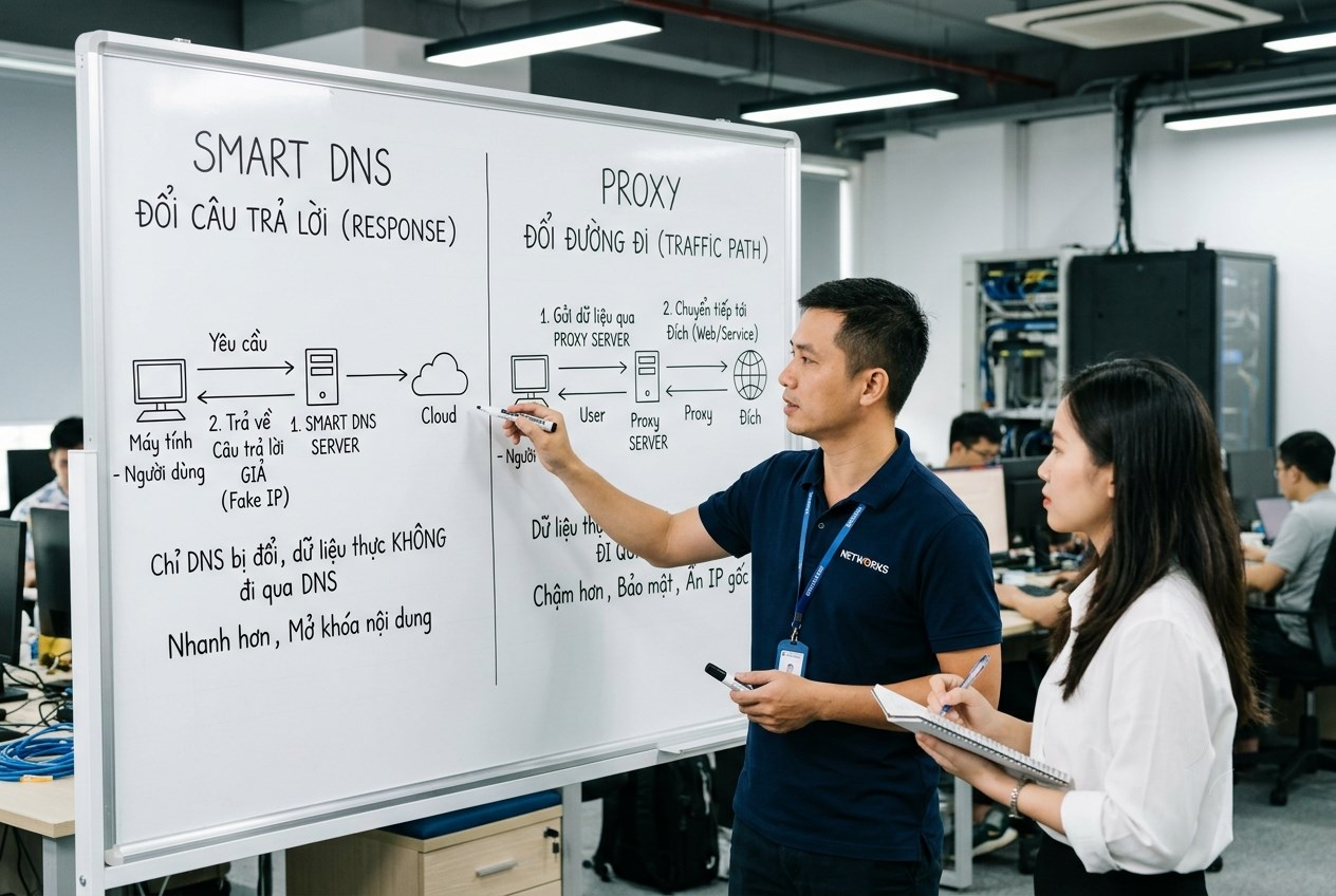 Smart DNS đổi câu trả lời, proxy đổi đường đi