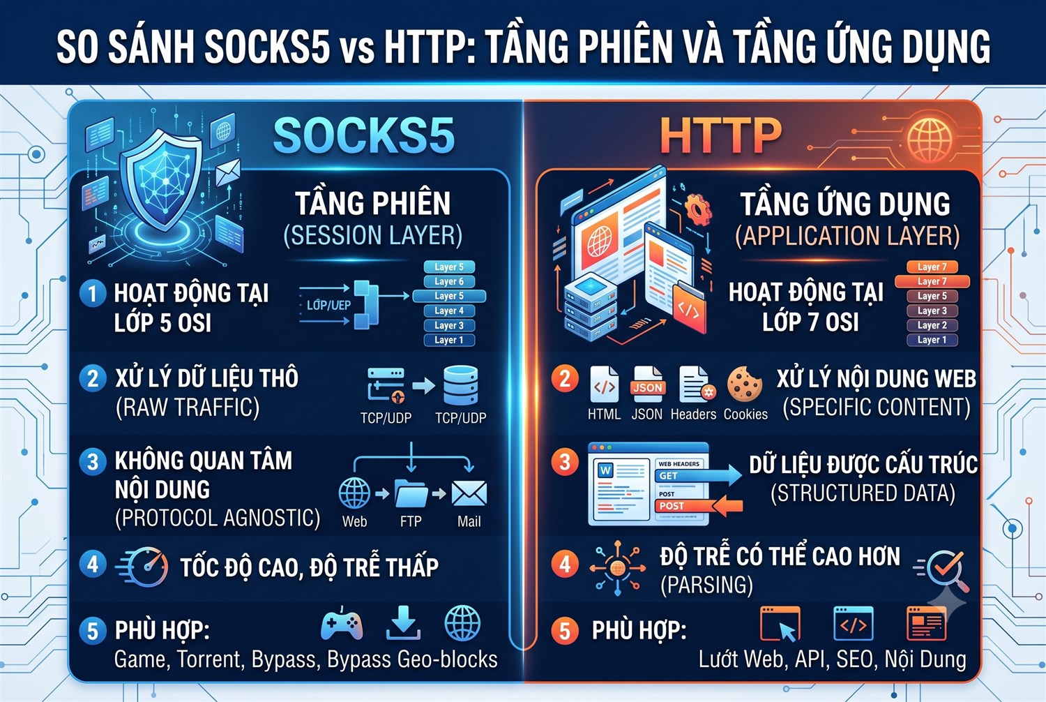 SOCKS5 vs HTTP: tầng phiên so với tầng ứng dụng