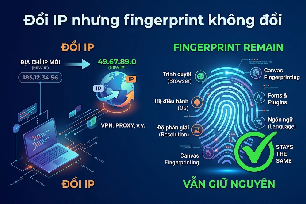 Đổi IP nhưng fingerprint không đổi