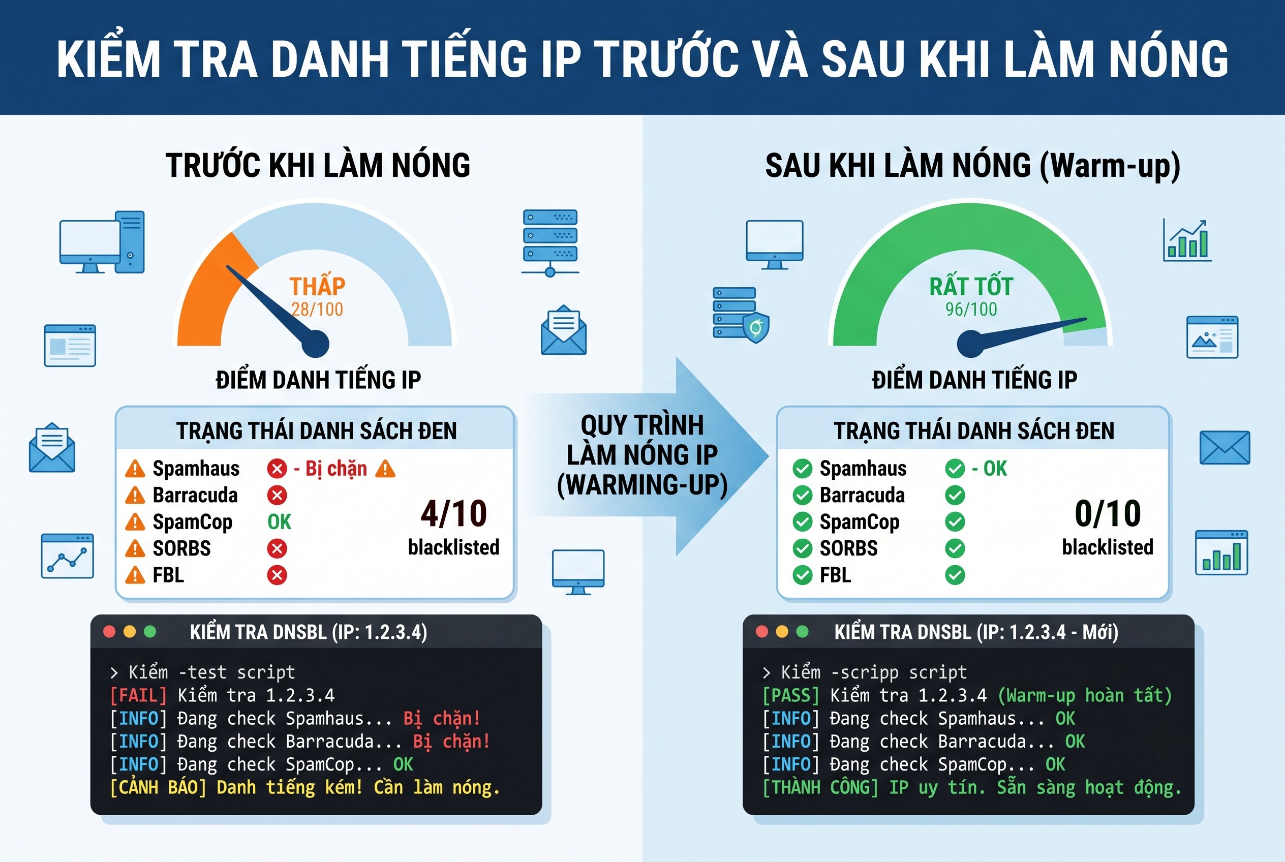 Kiểm tra danh tiếng IP trước và sau khi làm nóng
