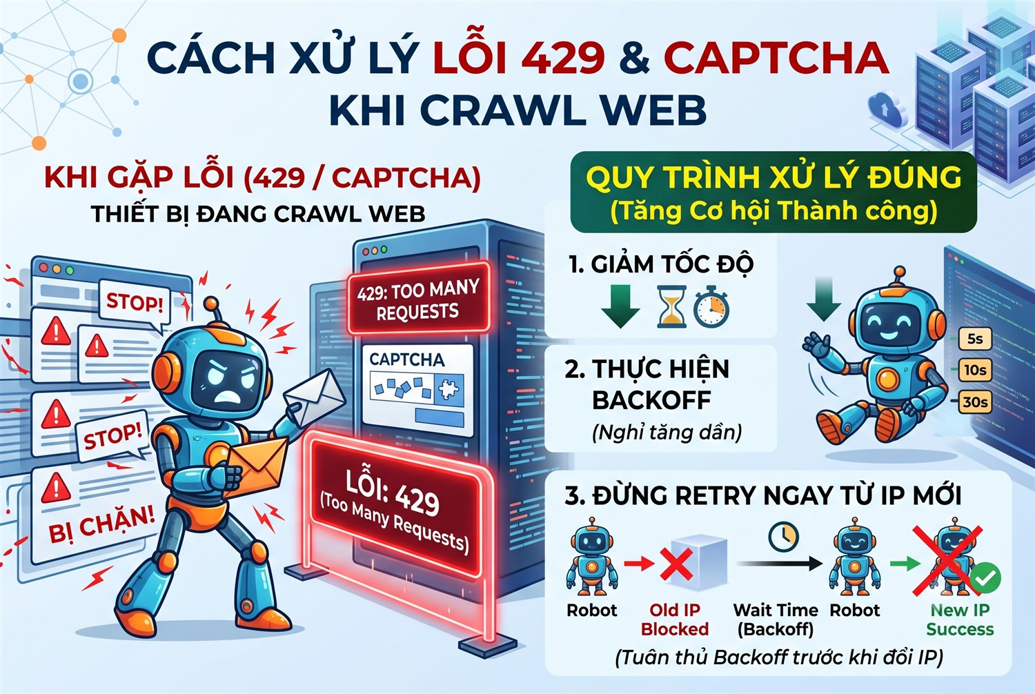 Gặp 429 hoặc captcha: giảm tốc, backoff, đừng retry ngay từ IP mới
