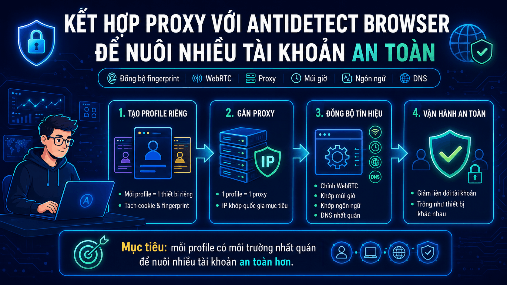 Kết hợp proxy với antidetect browser để nuôi nhiều tài khoản an toàn