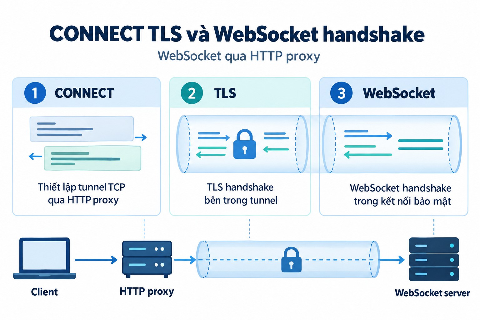 CONNECT TLS và WebSocket handshake